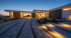 Permeable paver driveway illuminated by low voltage smart LED landscape lighting at dusk