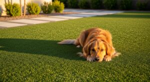 Golden retriever relaxing on a clean and durable artificial pet turf lawn